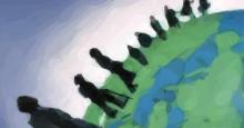 Dibujo de una hilera de personas caminando sobre el globo terráqueo